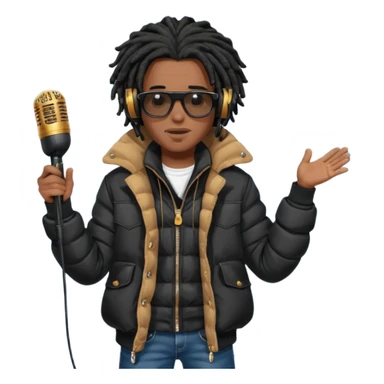 African American man brown skin complexion with black dreadlocks shoulder length wearing black bubble winter coat wearing black sunglasses with denim skinny jeans and timberland boots wearing headphones and rapping into a studio microphone sticker