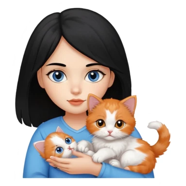 A girl black hair and brown eyes with A 2-month-old Persian-Angora mix kitten with blue eyes and mostly ORANGE fur with white patches sticker