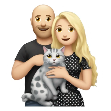 3 objects - a beautiful blonde with long hair and a polka-dotted dress, a bald handsome man in a cap and a rock T-shirt, and a fat gray cat with black spots. The man hugs the blonde and holds the cat in his hands sticker