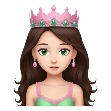 super long haired brunette with middle part cute pink lacy tank with a pink tiara on head, white but with a little bit of tan green eyes  sticker