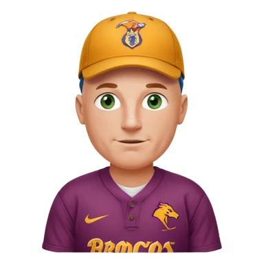 young-ish 50 year old man dressed in a brisbane broncos jersey, bald head, fair freckled skin, happy face, blueish green eyes, wearing brisbane broncos baseball style cap, picture should be down to waist, hands on hips in a player stance sticker