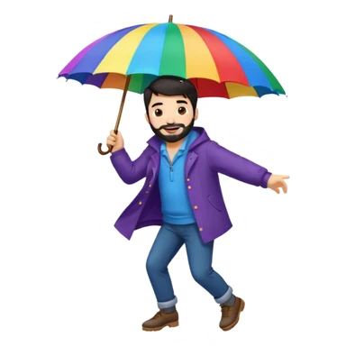 A dark-haired boy with a white beard dancing with an umbrella in the rain sticker