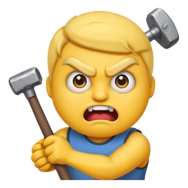 stupid angry emoji holding a sledgehammer, exaggerated expression sticker