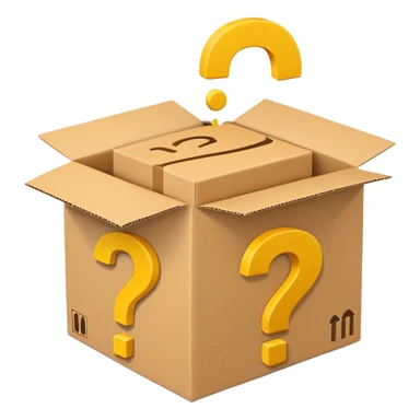 amazon box printed with q&a over stuffed with yellow question marks sticker