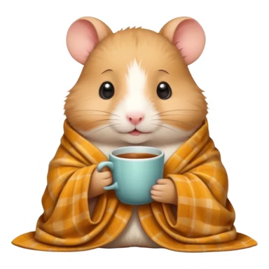 Cute cartoon-style hamster wrapped in a cozy blanket, holding a cup of tea, relaxed expression. Painterly shading, white background, sticker-style illustration sticker