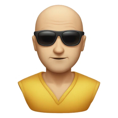A bald man with sunglasses and a villian look sticker
