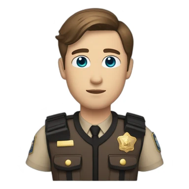Deputy sheriff with short Brown hair and blue eyes and bulletproof vest and arms sticker