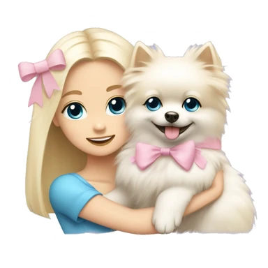 Blond girl white skin blue eyes hugging white Pomeranian with light pink bow sticker