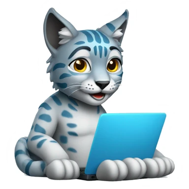 A blue lynx with a laptop sticker