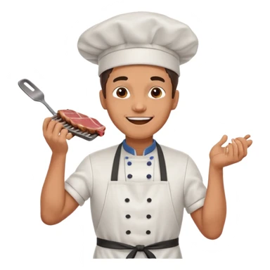 A cheerful man in an apron flipping meat on a sizzling grill with smoke puffing upward. sticker