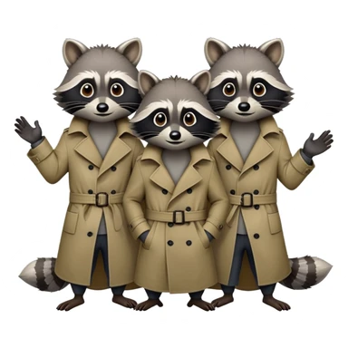 Three mischievious raccoons standing on top of each other pretending to be one person in a  single trench coat sticker