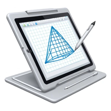 Create an emoji for 3D visualization and modeling. Show wireframe model that pops out from the screen of a large graphic tablet with a stylus drawing in a 3D modeling program. Use modern, professional colors. Do not include any emojis or smiley faces. Make the background transparent. sticker