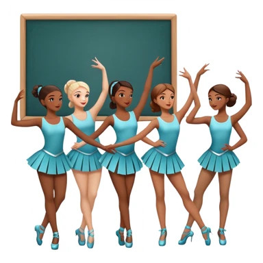 Icon for Choreography: a group of dancers in matching poses, with a choreographer standing by a board giving instructions. The icon should capture the coordination, precision, and creative direction in dance. Transparent background. sticker