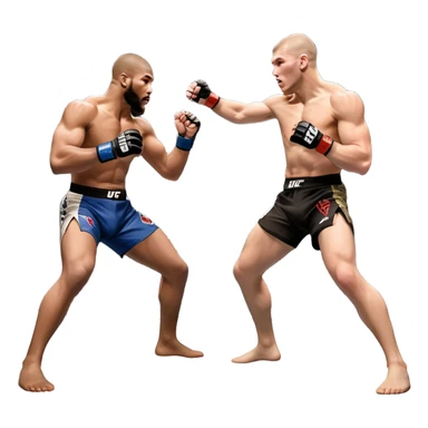 wo MMA fighters in the octagon, one delivering a strong punch while the other defends with a guard. The background shows the UFC octagon with the crowd in the distance. Transparent background emphasizes the dynamic intensity and skill of mixed martial arts. sticker