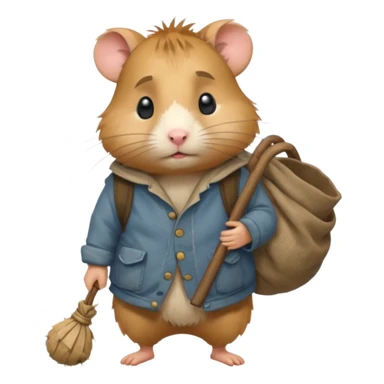 cartoon-style hamster poor hobo carrying a bindle over its shoulder with a sad expression. sticker