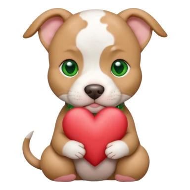 White and tan pitbull puppy with green eyes and cropped ears holding a heart sticker