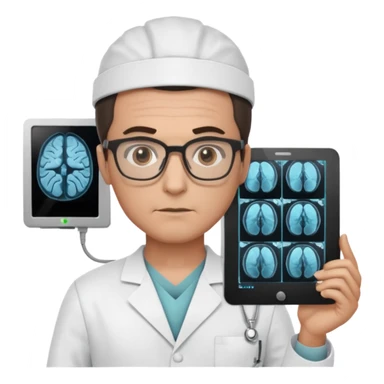 male neurosurgeon with glasses holding MRI scan sticker