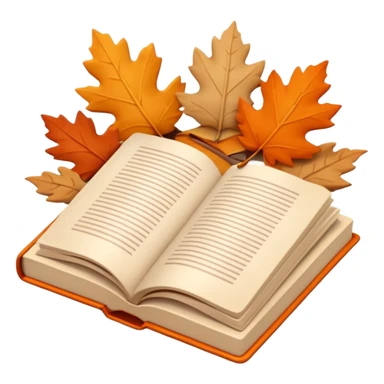 A cute 3D emoji of an open book with autumn leaves around it, cozy fall colors (orange, brown, beige), playful and modern style, glossy finish, minimalistic but expressive, symbolizing a Fall Reading Challenge. sticker