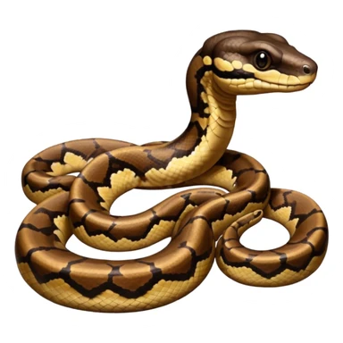 A photo-realistic digital illustration of a Ball Python, chest upward, with a short, rounded head, thick body, and a calm, curious expression. It has a warm brown base color with irregular dark blotches shaped like “alien heads,” and matte-textured scales that emphasize its small, stocky form. sticker