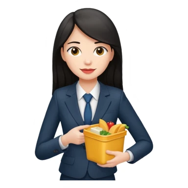 long dark haired woman with suit holding food container sticker