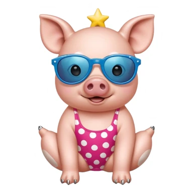 cute pig wearing  star-shaped sunglasses and polka dot bathing suit on all fours with nail polish, with a name tag saying hi my name is gerald sticker