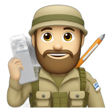 pale brown bearded israeli flag IDF soldier happy holding notebook and pen and stationary sticker