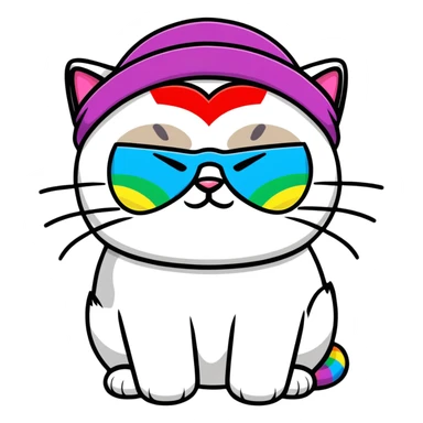 grumpy cat wearing a rainbow beanie and heart-shaped sunglasses sticker