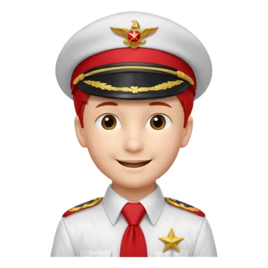 A Soviet pioneer emoji — smiling young boy wearing a white shirt with a bright red pioneer necktie and a classic red pilotka cap. The pilotka should look like a Soviet military cap, not a cowboy hat. Flat, smooth 3D shading sticker