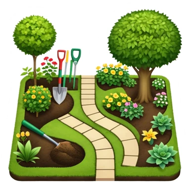 Icon for Landscape Design: a garden layout with plants, trees, paths, and design tools like a spade, pencil and measuring tape. The icon should represent creativity in outdoor space planning and gardening. Transparent background. sticker