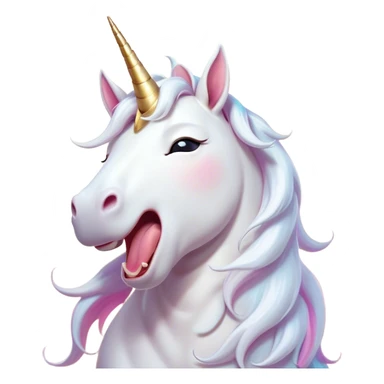 Cinematic Cute Yawning White Unicorn Portrait Emoji, Head tilted slightly with a dramatic, wide-open yawn, showcasing a softly elegant form with a gently cascading mane, a subtly glowing horn and sleepy, half-closed eyes, Simplified yet irresistibly adorable features, highly detailed, glowing with a soft, cozy magical glow, high shine, relaxed yet expressive, stylized with a dash of whimsical enchantment, soft glowing outline, capturing the essence of a drowsy yet affectionate white unicorn that appears ready to stretch and yawn its way out of the screen! sticker