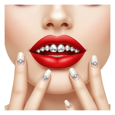 Glossy, bright red lips slightly parted. Inside, sparkling diamonds grillz. A long, elegant fingernail with a soft white shade. sticker
