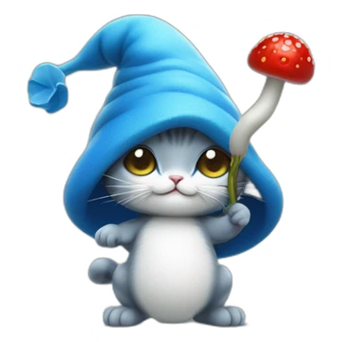 blue smurf cat with a white mushroom fungai hat also with berries on his back and a stick poking into the berries with a snail poked into it sticker