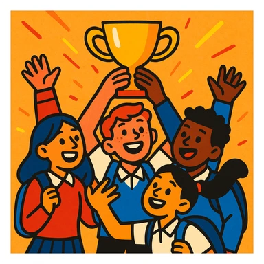 four students lifting a trophy, warm atmosphere, expressive illustration style, bright colors sticker