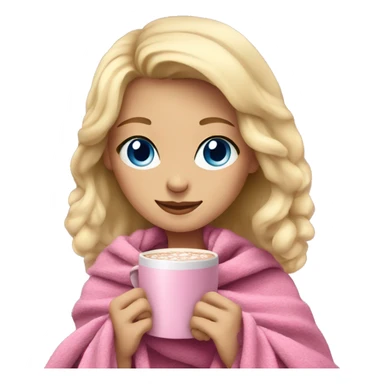 A blonde girl with blue eyes with a pink blanket around her with hot chocolate in her hand sticker