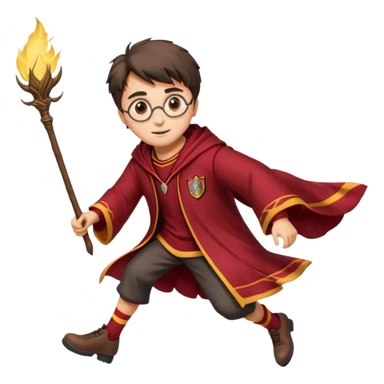 Cartoon-style illustration of Harry Potter flying on a broomstick, Gryffindor red and gold outfit, expressive face, dynamic motion, magical vibe, smooth shading, vibrant colors, no background, transparent background, isolated character. sticker