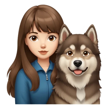 A beautiful Caucasian girl with brown blunt bangs and big wavy hair, and a brown Alaskan Malamute dog. sticker