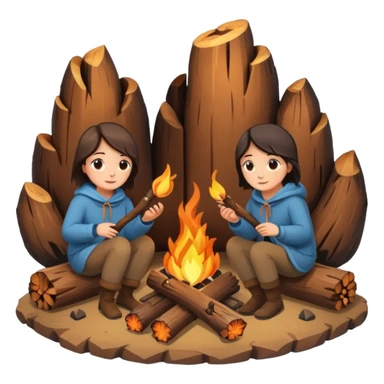 A cozy campfire emoji with two logs and glowing embers, with subtle human silhouettes sitting around. Warm tones, minimal flat emoji style, white background. sticker