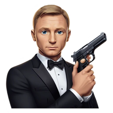 Cinematic Realistic James Bond Daniel Craig Portrait Emoji, depicted as the ultimate suave and enigmatic secret agent, donning a sharply tailored tuxedo, gripping a sleek handgun, with a piercing gaze that exudes confidence and danger. The scene is infused with moody, high-contrast cinematic lighting, evoking the thrilling world of espionage and intrigue. sticker
