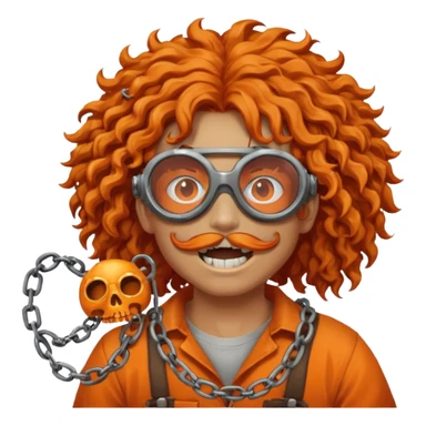 steam-punk Megadeth iconic skeleton mascot with a rusty chain in his teeth, huge curly orange hair sticker