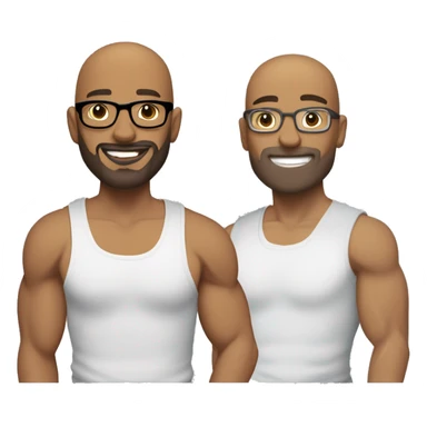 two gay male couple, one of them is a bald, light skin man, with muscled body, tall, with glasses, and the other one is shorter, with darker skin, also  muscled, with long hair in a ponytail, and hairy body, both have a light beard sticker