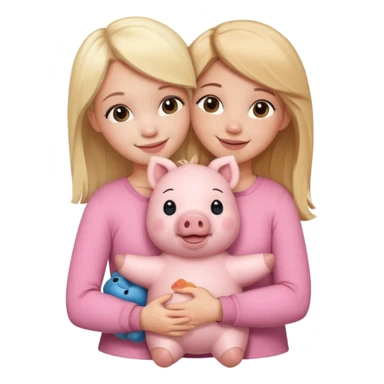 Girlfriends, one blonde and one brunette, hugging each other with a teddy bear and a little pig sticker