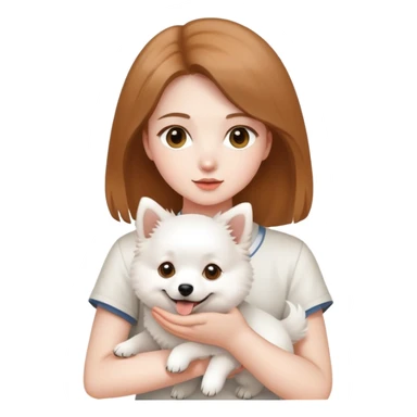 light brown hair girl with pale skin holding a white Japanese spitz dog sticker