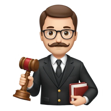 “Create a clean, modern emoji-style illustration of a male lawyer. He is wearing a formal suit jacket. He is holding a judge’s gavel in one hand and has a law book tucked under his arm. He has a mustache and beard!, and he is wearing glasses. sticker