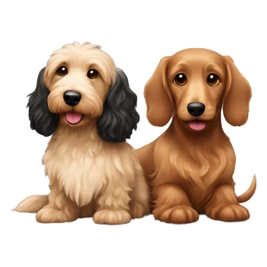 Brown golden doodle and black and tan and cream longhair dachshund sitting together  sticker