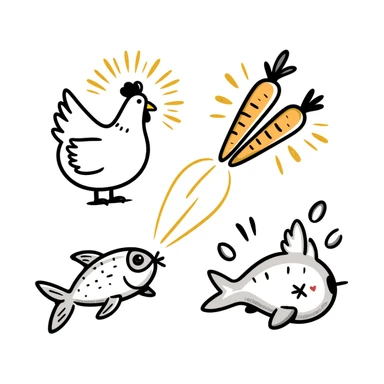 Ethereal magical image of glowing chicken, luminous fish, and radiant carrots with golden beams connecting them to a healthy eye, glowing skin and a shimmering immune shield sticker