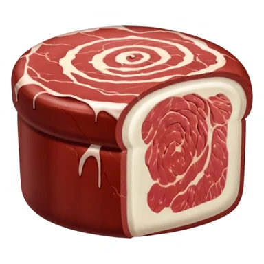 whole raw beef roast, firm cylindrical shape, deep red muscle tone, light marbling, creamy white fat layer on top or sides, smooth slightly moist surface, unseasoned, no string, tray, or extras, soft lighting, subtle shadows, emoji scale sticker