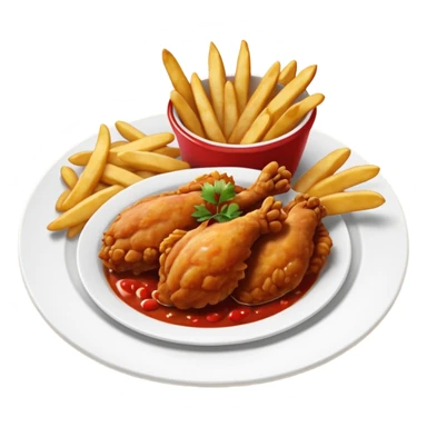 lato redondo con pollo frito en salsa roja brillante, arroz blanco y papas fritas doradas, vista desde arriba, fondo blanco, estilo simple. sticker