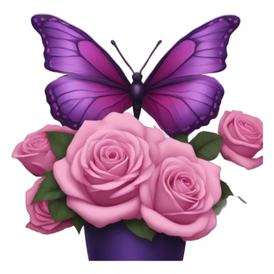 Aesthetic butterfly with purple and pink wings sitting on a dark purple bouquet of Roses in a pastel pink vase sticker