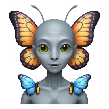an standard grey alien with seperate a butterfly on shoulder sticker