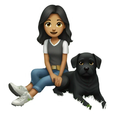 Bruenette girl sitting in grass with a black dog sticker